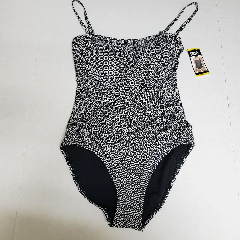 DKNY Womens Medium Geometric Diamond Print One Piece Swimsuit Black White NEW - Picture 2 of 7